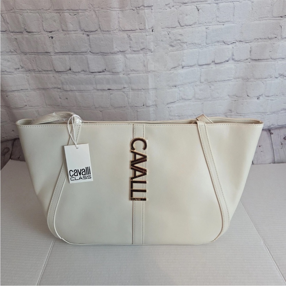 NWT Cavalli Class Large Sandra Shopper Tote Bag Satchel White Asparagus - Picture 2 of 9